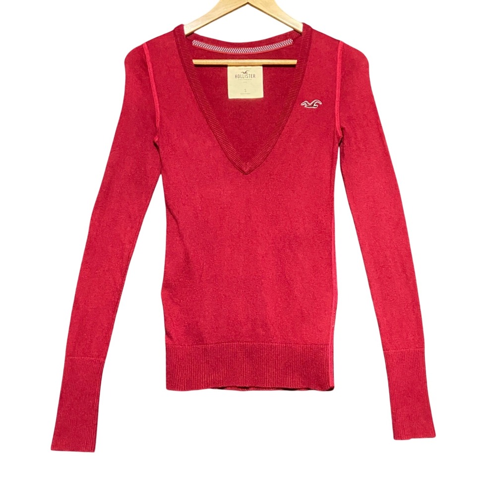 Hollister Y2K 90s Women's Size S Red V-Neck Long Sleeve Slim Fit Knit Sweater